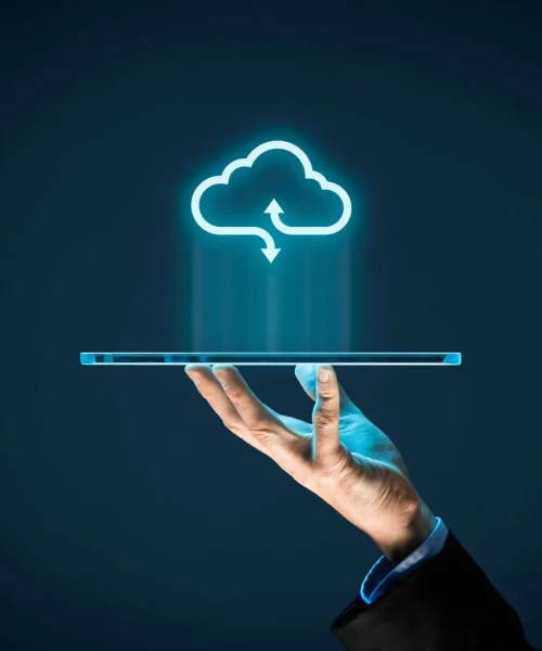 Cloud computing concept - connect devices to cloud. Businessman or information technologist with cloud computing icon and tablet.